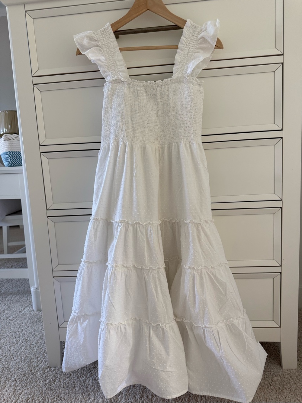 Kourt White Cotton Smocked Midi Dress | Lace Detail | Fully Lined | xs